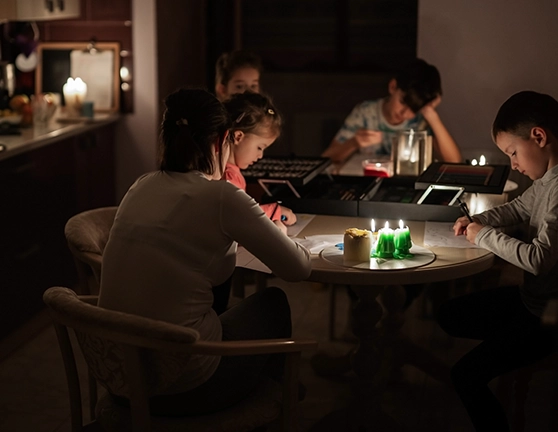 Familia realizando actividades a la luz de las velas